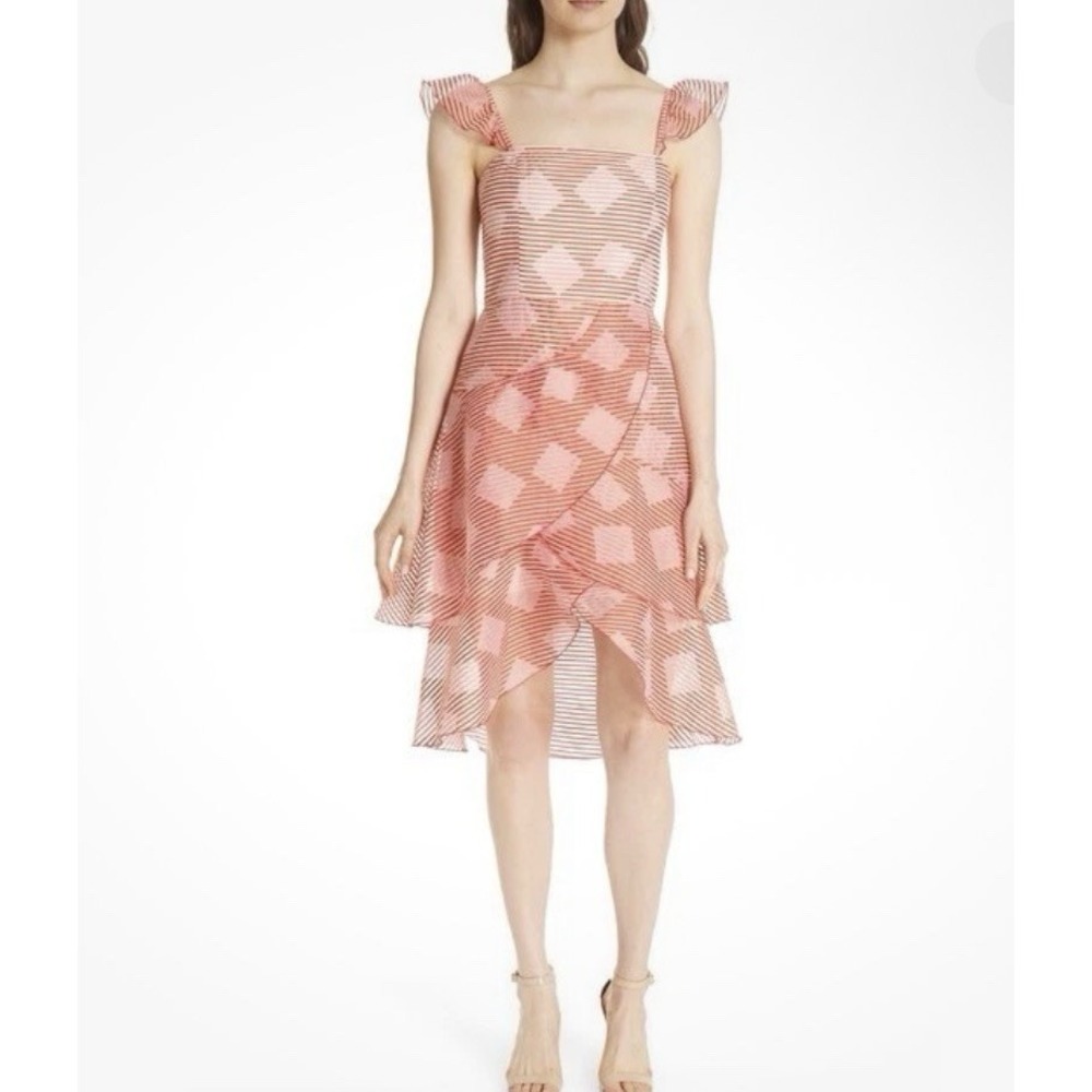 Alice + Olivia Size 6 Azura Waterfall Ruffle Dress Pink Red Striped Organza 153